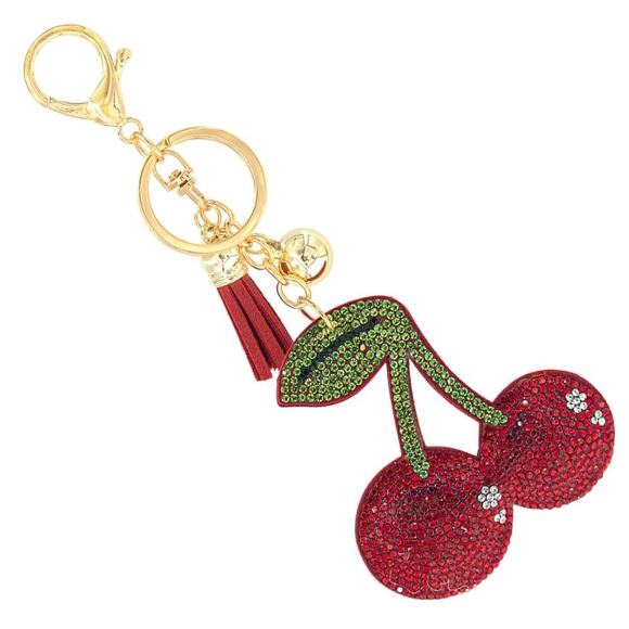 Bling Rhinestone Puffer Cherries Tassel Keyring Bag Charm - Picture 1 of 2
